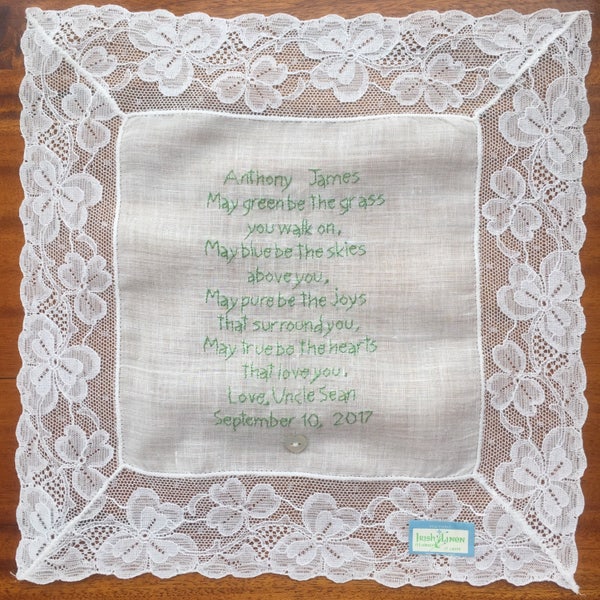 Irish Blessing Gift ~ Irish Handkerchief ~ Linen & Lace ~ Baby ~ Christening, Naming Day ~ Hand Embroidered ~ Personalised, New Vintage