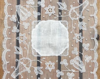 Carrickmacross Lace Handkerchief: Shamrock and Harp Design, Vintage, Irish Linen