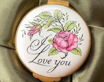 Crummles ~ English Enamels ~ &quot;I Love You&quot; ~ Pink Roses ~ Love Token ~ Enamel Trinket, Pill, Ring Box ~ Vintage ~ Boxed ~ sustainable Gift