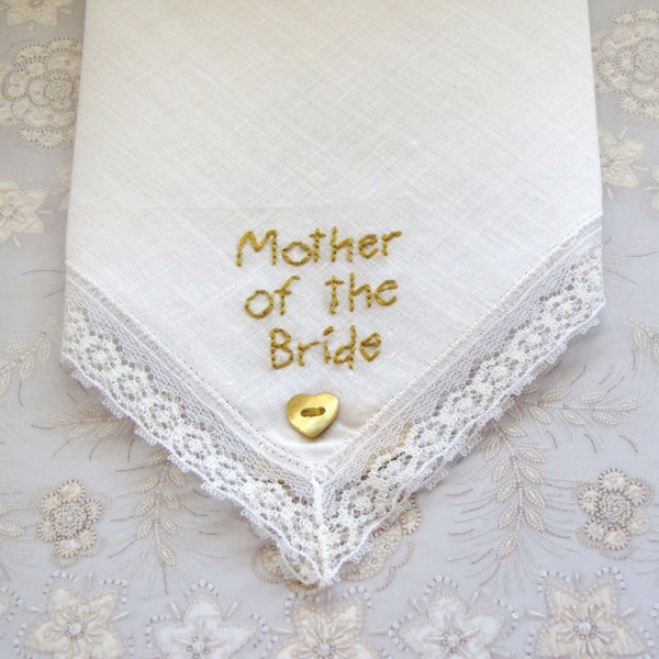 Mother of the Bride ~ New, Vintage ~ Hand Embroidered ~ Personalised ~ Lace and Cotton Handkerchief ~ Ethical Bride