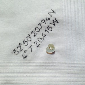 Mens Personalised Handkerchief GPS Coordinates Latitude Longitude Gift Hand Embroidered Heart Button image 1