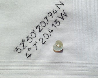 Mens ~ Personalised Handkerchief ~ GPS Coordinates ~ Latitude Longitude Gift ~ Hand Embroidered ~ Heart Button