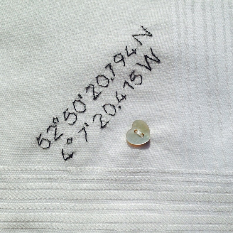Mens Personalised Handkerchief GPS Coordinates Latitude Longitude Gift Hand Embroidered Heart Button image 1