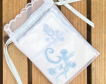 Monogram Initial C Handkerchief: Vintage Blue Embroidered Cotton Hankie with Pouch