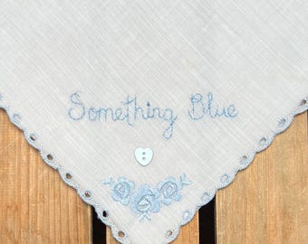 Hand Embroidered, Swiss Cotton Handkerchief: Vintage 'Something Blue' Bridal Gift