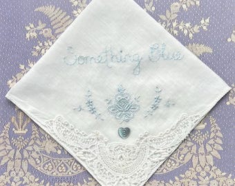 Hand Embroidered, Swiss Cotton, Lace Handkerchief: Vintage 'Something Blue' Bridal Gift