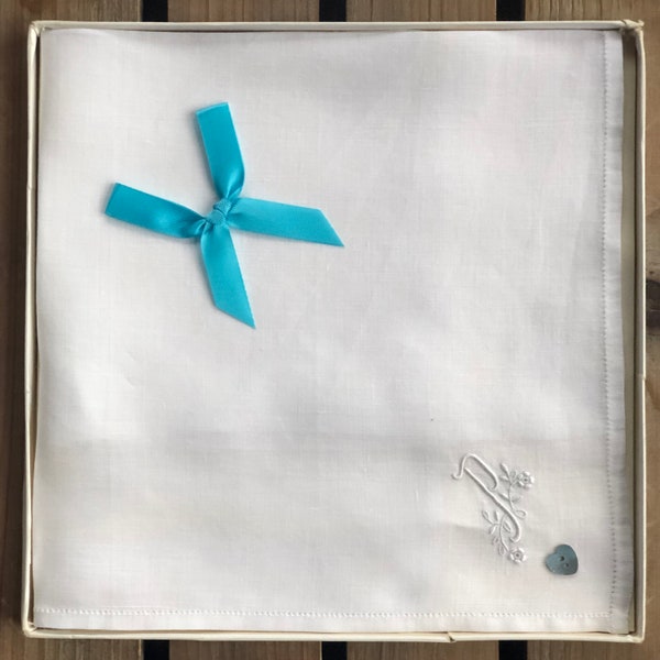 Monogrammed P ~ Bridal, Wedding ~ Something Old, New, Blue ~ Sturzenegger Handkerchief ~ Vintage ~ Sustainable Bride ~ Original Box