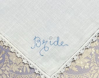 Something Blue, Crochet Lace, Linen, Vintage Handkerchief, Swarovski Crystal