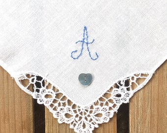 Something Blue ~ Monogrammed A ~ Bridal, Wedding ~ Handkerchief Hankie ~ Swiss Cotton Lawn ~ Guipure  Lace ~ New Vintage ~ Sustainable Bride