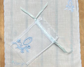 Initial O Handkerchief: Blue Embroidered Cotton Hankie with Pouch ‘I Love You’