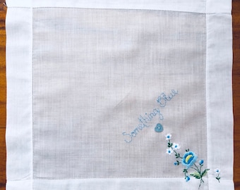 Something Blue ~ New Vintage ~ Hand Embroidered ~ Swiss Cotton Lawn ~ Bridal Wedding ~ Hankie, Handkerchief ~ Mother of Pearl Heart Button