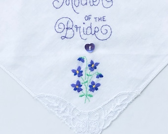 Mother of the Bride ~ Wedding Handkerchief ~ Violets ~ New, Vintage ~ Hand Embroidered ~ Tambour Lace, Cotton ~ Happy Tears