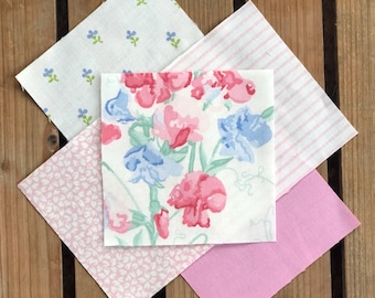 Quadrados de patchwork de algodão Laura Ashley: peças de quilting vintage rosa, azul e branco