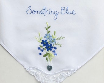 Brides Handkerchief ~ Something Blue ~ Hand Embroidered ~ Cotton Lawn and Lace ~ Butterfly Design