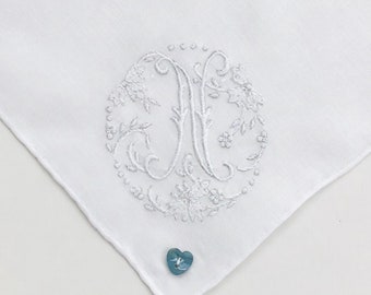 Something Blue ~ Monogrammed "N” Bridal Wedding Handkerchief Hankie ~ New Vintage