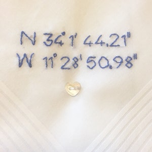 Mens Personalised Handkerchief GPS Coordinates Latitude Longitude Gift Hand Embroidered Heart Button image 6