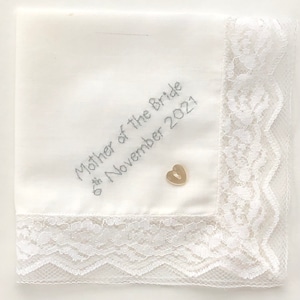 Mother of the Bride ~ With Date ~ Nottingham Lace Handkerchief ~ New, Vintage ~ Hand Embroidered Personalised ~ Wedding Handkerchief