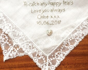 Fazzoletto Sposa Personalizzato - Regalo Mamma Con Pizzo E Data Matrimonio Ricordo Matrimonio Personalizzato - Foto 8