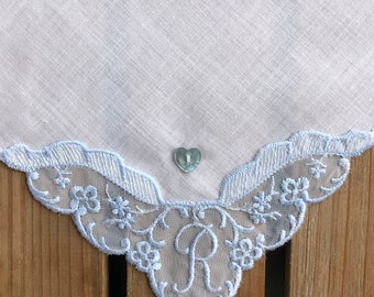 Something Blue ~ Monogrammed R ~ Bridal, Wedding ~ Handkerchief, Hankie ~ New Vintage ~ Sustainable Wedding