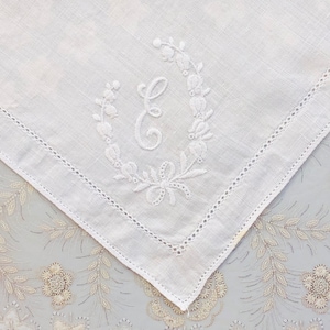 Monogrammed E, Linen Handkerchief: Wedding, Birthday, Mothers Day, Teacher, Anniversary Gift