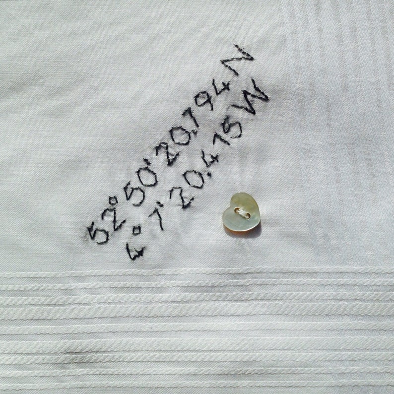 Mens Personalised Handkerchief GPS Coordinates Latitude Longitude Gift Hand Embroidered Heart Button image 4