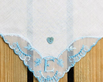 Monogrammed, Initial E ~ Something New, Blue & Old ~ Bridal Wedding ~ Handkerchief Hankie ~ New Vintage ~ Sustainable Wedding