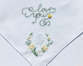 Love You ~ Swiss Cotton, Hand Embroidered, New Vintage, Handkerchief ~ Heart Button ~ Sustainable Wedding, Birthday, Cotton Anniversary Gift