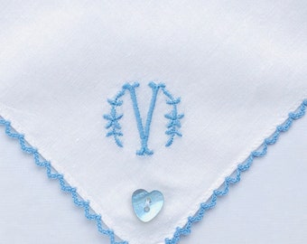 Something Blue ~ Monogrammed V ~ Bridal Wedding ~ Handkerchief, Hankie ~ New Vintage ~ Ethical Bride ~ Sustainable Gift