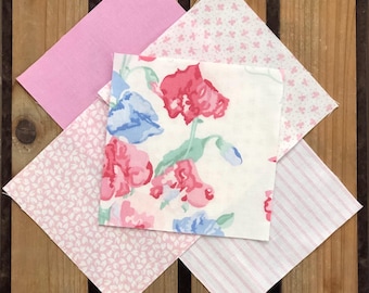 Quadrados de patchwork de algodão Laura Ashley: rosa, azul, branco - 50 peças vintage para quilting