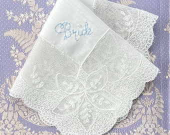 Something Blue, Tambour Lace, Fine Linen, Vintage Handkerchief, Swarovski Crystal