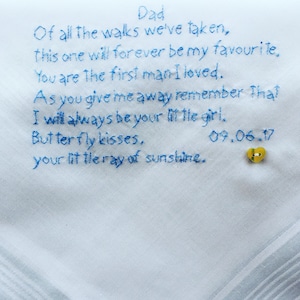 Mens Poem ~ Cotton Handkerchief ~ Father of the Bride ~ Maximum 40 Words ~ Hand Embroidered ~ Wedding Ideas