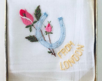 London ~ Good Luck ~ New Vintage, Embroidered Cotton Handkerchief ~ Bride, Exams, New Job, New Home ~ Sustainable Gift