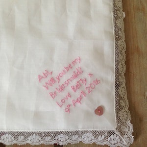 Will You Be My Bridesmaid ~ Vintage Handkerchief ~ Lace and Cotton ~ Hand Embroidered ~ Regency Wedding ~ Ecological Bride