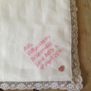 Will You Be My Bridesmaid ~ Vintage Handkerchief ~ Lace and Cotton ~ Hand Embroidered ~ Regency Wedding ~ Ecological Bride