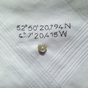 Mens Personalised Handkerchief GPS Coordinates Latitude Longitude Gift Hand Embroidered Heart Button image 3