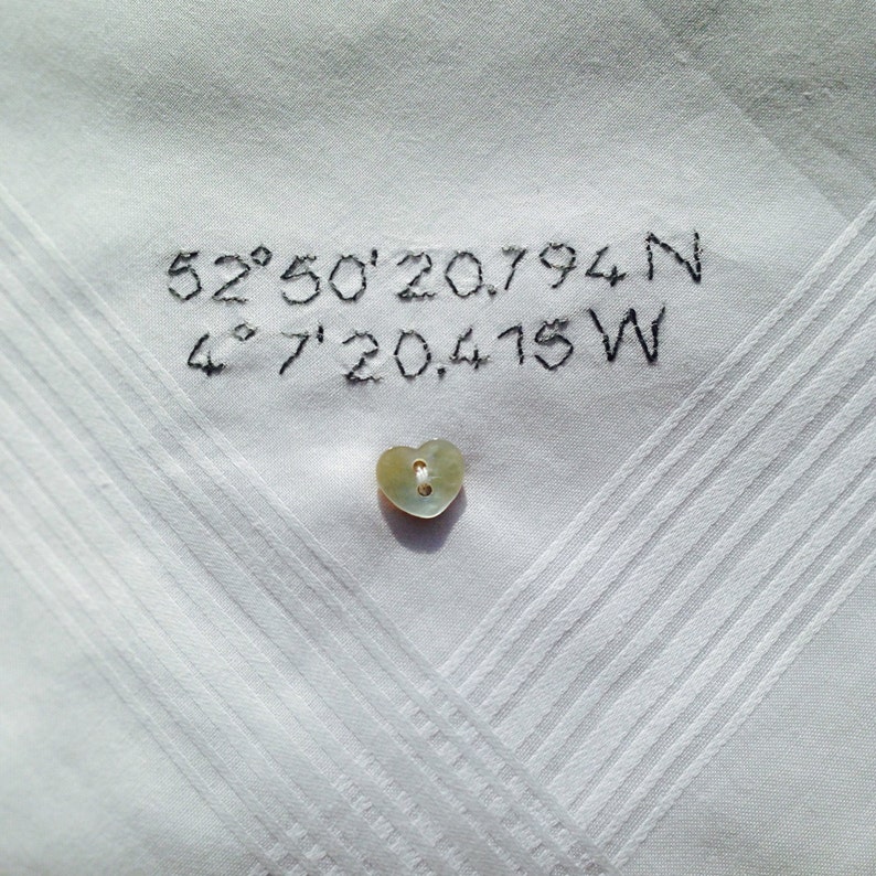 Mens Personalised Handkerchief GPS Coordinates Latitude Longitude Gift Hand Embroidered Heart Button image 3