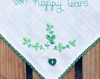 Irish Linen Wedding Handkerchief: Shamrock ‘For Happy Tears’ Hand Embroidered, Crochet Lace
