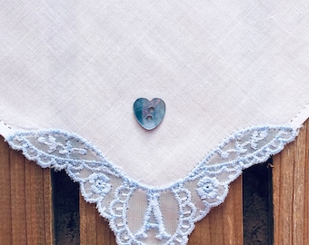 Something Blue ~ Monogrammed A ~ Bridal, Wedding ~ Handkerchief, Hankie ~ New Vintage ~ Sustainable Wedding