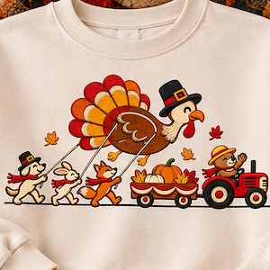 Thanksgiving Turkey Parade Embroidery Design, Cute Fall Animals Machine Embroidery File, Autumn Harvest Tractor