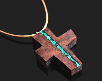 Malachite Cross - Wood Malachite Cross Necklace - Wood Boho Cross Necklace - Abstract Malachite Cross Necklace - Man Cross Necklace - Cross