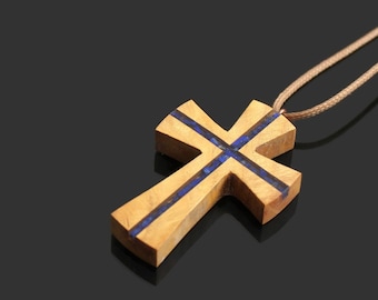 Wood Lapis Lazuli Cross Necklace - Wood Fashion Cross Pendant -  Lapis Lazuli Cross Necklace - Man Cross Necklace - Gift For Man- Wood Cross