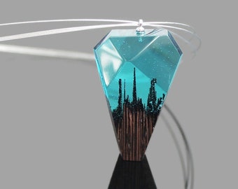 Wood Resin Necklace, Modernist Wood Necklace, Resin Wood Pendant, Artisan Wood Necklace, Art Wooden Pendant,Blue Resin Wenge Necklace