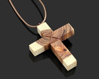 Colgante de cruz de madera de nudo - Collar bohemio de ébano