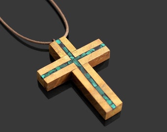 Wood Malachite Cross - Wooden Art Cross Necklace - Malachite Inlaid Cross, Abstract Art Cross Necklace - Man Cross Necklace - Gift For Man