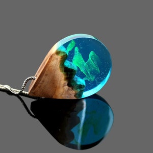 Aurora Borealis Pendant - Northern Lights Jewelry - UV Glow Necklace - Glow in Dark Necklace - Gift for girlfriend - Wood Resin Necklace