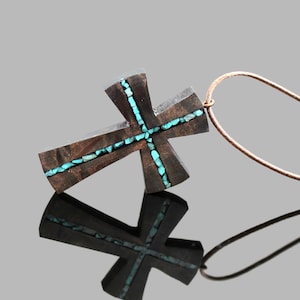 Turquoise Wood Cross Necklace Wood Resin Cross Pendant Bohemian Cross Necklace Wood Art Cross Necklace-Art Cross Jewelry Man Cross image 1