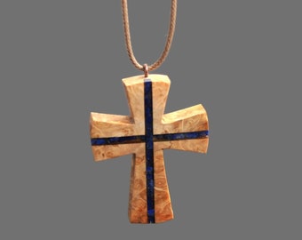 Lapis Lazuli Cross Necklace - Wood Lazurite Cross Necklace - Lapis Lazuli Cross Necklace - Man Cross Necklace - Gift For Man-Wood Cross