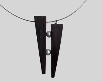 Wood Pearl Abstract Necklace, Wenge Pearl Pendant, Geometric Wood Pearl Necklace, Abstract Necklace, Art Necklace, Modernist Art Necklace