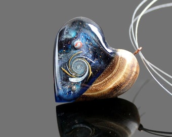 Heart Galaxy Necklace - Wood Resin Pearl Necklace - Heart Pendant - Heart Jewelry - Blue Resin Pearl Necklace - Romantic Resin Wood Jewelry