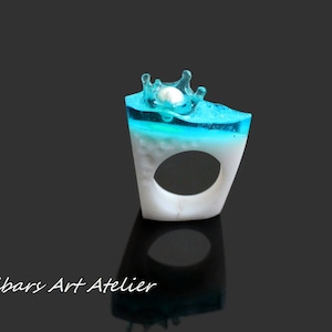 Water Splash Ring, Pearl Ocean Ring, Blue Ocean Ring, Azure Ocean Ring, Nautical Ring, Pearl Resin Ring, Blue Resin Ring